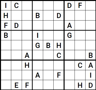 Mojidoku Beispiel mit Buchstaben statt Zahlen